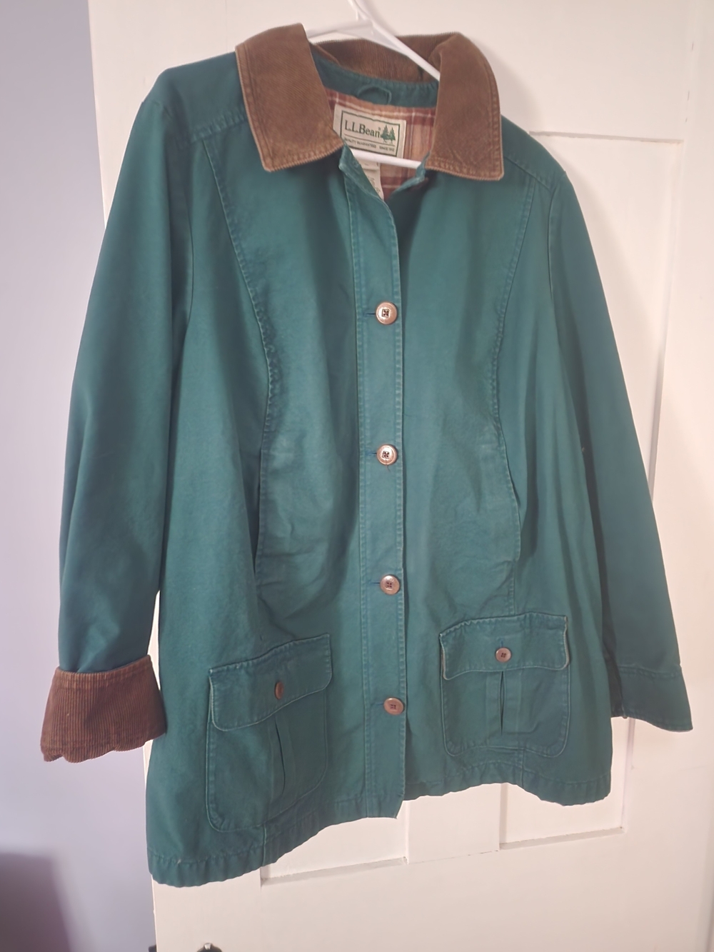 L.L. Bean Teal Cotton Utility Jacket with Brown Corduroy Collar